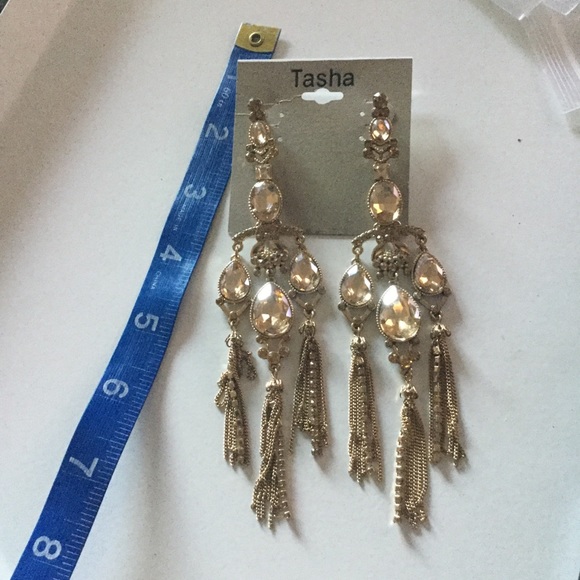 TASHA LONG GOLD CRYSTAL CHANDELIER EARRINGS 5.75” GORGEOUS NWT - Picture 4 of 6